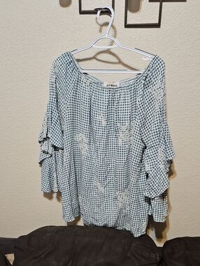 Teal Gingham Off-Shoulder Ruffle Sleeve Blouse with Embroidery